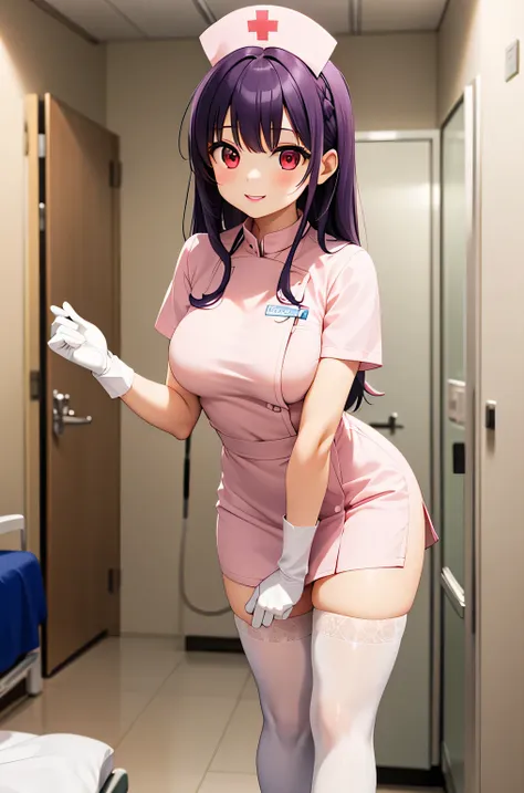 1 female, alone, nurse, nurse cap, whiteware, ((white legwear, zettai ryouiki)), white gloves, long hair, purple hair, red eyes,...