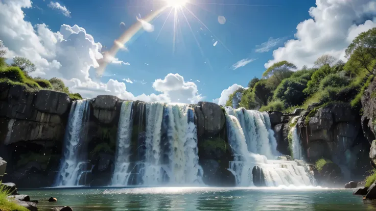 (best quality), (8k), (top quality), (real photo), (realistic photo), waterfall, blue sky, rainbow and sun shining.  