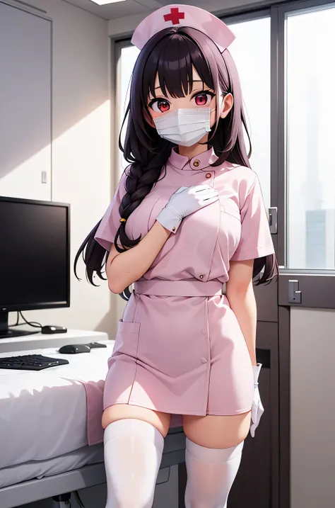 1 female, alone, nurse, nurse cap, Whiteware, ((white legwear, zettai ryouiki)), white gloves, long hair, purple hair, red eyes, ((White surgical mask, Covered nose)), Are standing, ((hospital room)), sharp outline, short sleeve, mature woman, 35 years old...