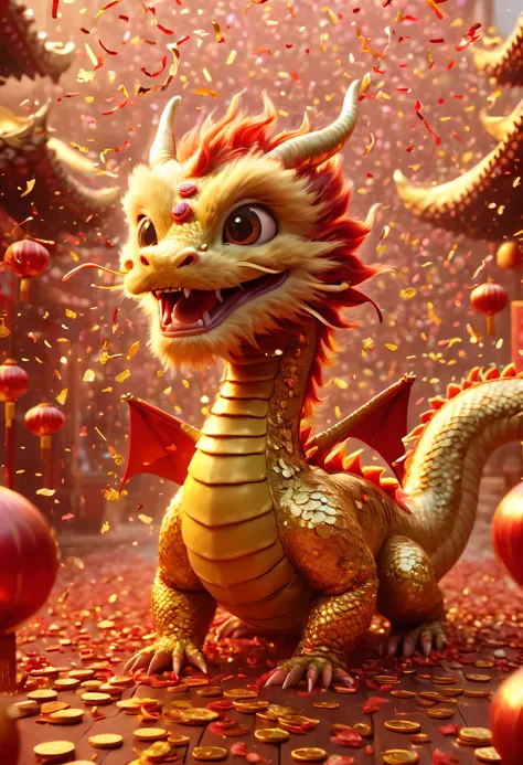 (best quality,4K,8k,high resolution,masterpiece:1.2),Super detailed,(actual,photoactual,photo-actual:1.37),Eastern,Chinese New Year celebrations:1.5,baby oriental dragon,hairy body,Warm atmosphere,Many gold coins exploded from firecrackers,Red and gold con...