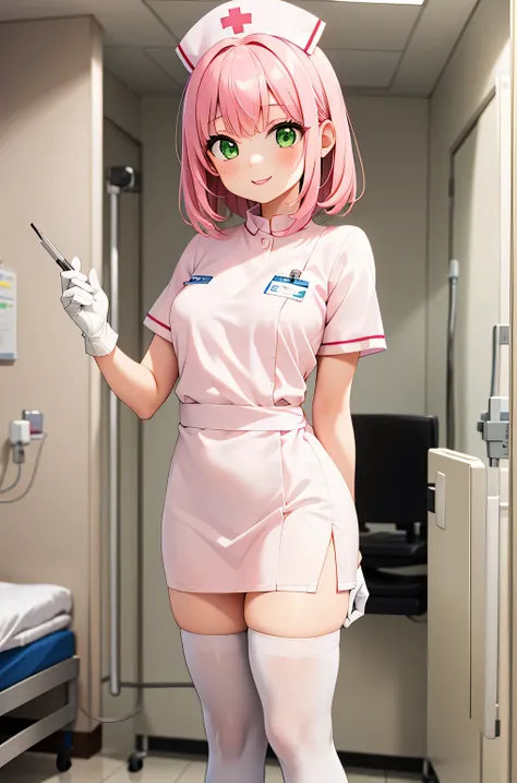 1 female, alone, nurse, nurse cap, whiteware, ((white legwear, zettai ryouiki)), white gloves, pink hair, green eyes, droopy eye...