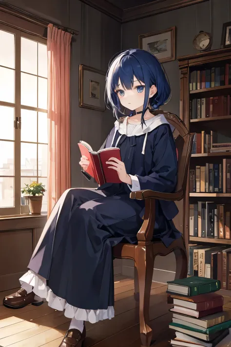 Cute anime girl sitting on a chair reading a book in a haunted house