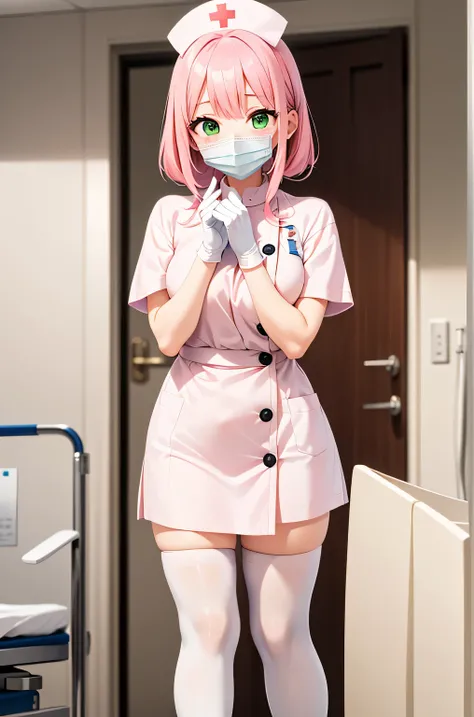 1 female, alone, nurse, nurse cap, Whiteware, ((white legwear, zettai ryouiki)), white gloves, pink hair, green eyes, droopy eyes, ((White surgical mask, Covered nose)), Are standing, ((hospital room)), sharp outline, short sleeve, mature woman, 32 years o...