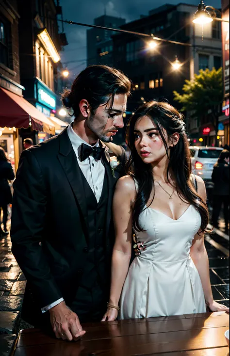 A couple,  at a table ,long hair,Rough skin,facing the camera embracing,face focus,rainy days,outdoors,street,hair between eyes,moody lighting,Tyndall effect,Cinematic Lighting,night,lamppost,lens flare,available light,rim light,glowing neon lights,curvy,R...