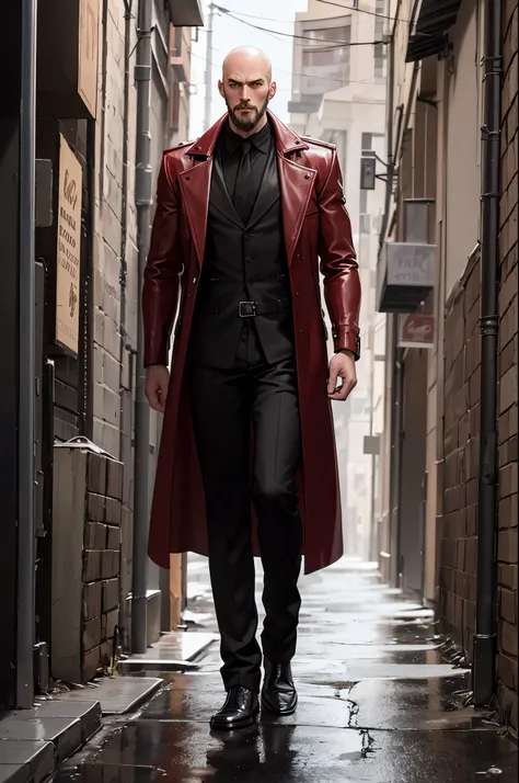 a tall, hairless man, with a serious face and wearing a goatee, walking through alleys in the city at night. He is passing through an intersection of dirt roads. He wears a red leather overcoat that reaches his feet and his clothing underneath is black lea...