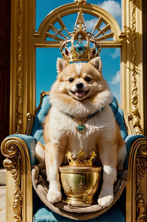 a hyper realistic happy pomeranian lulu with a rich face and a crown on his head, sitting on a throne in a mansion showing off money and lots of dog food on a beautiful sunny day with a blue sky