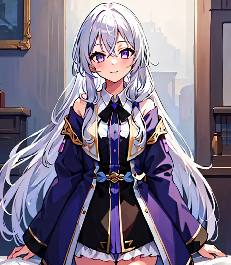 masterpiece, highest quality, 1 girl, Elaina_(nice_no_tabitabi), silver hair, purple eyes, long hair, have,smile