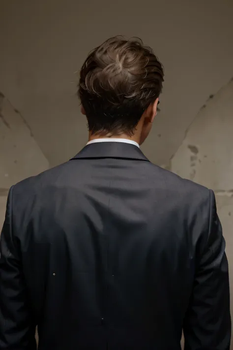  man in a suit and tie standing in front of a wall, facing away from camera, back of head, photographed from behind, facing away from the camera, looking from behind, photo still of behind view, with his back to the viewer, photographed from the back, joon...