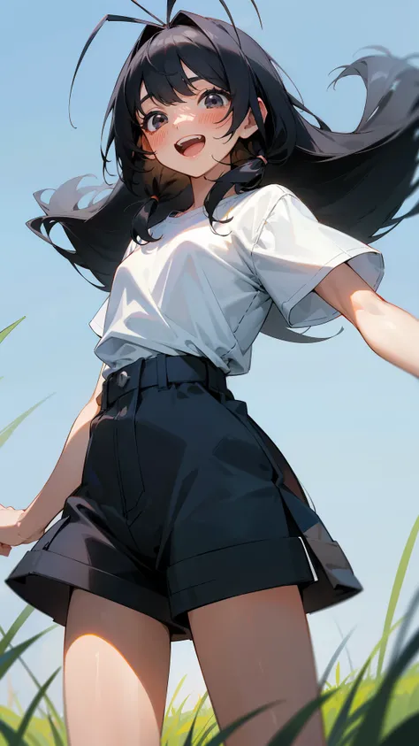 1girl,10s years,solo,smile,blush,black eyes,black hair,long hair,(((hair 2antennas))),white shirt,blaclk shorts,cowboy shot,open mouth,standing in grass,blue sky