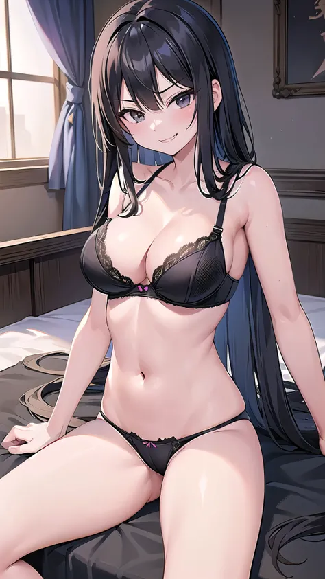 1 girl, game CG,((Sexy black bra、Sexy black panties)),((cleavage)), black hair, long hair, straight hair,  black eyes, ((Mean smile)),((Open your legs on the bed))