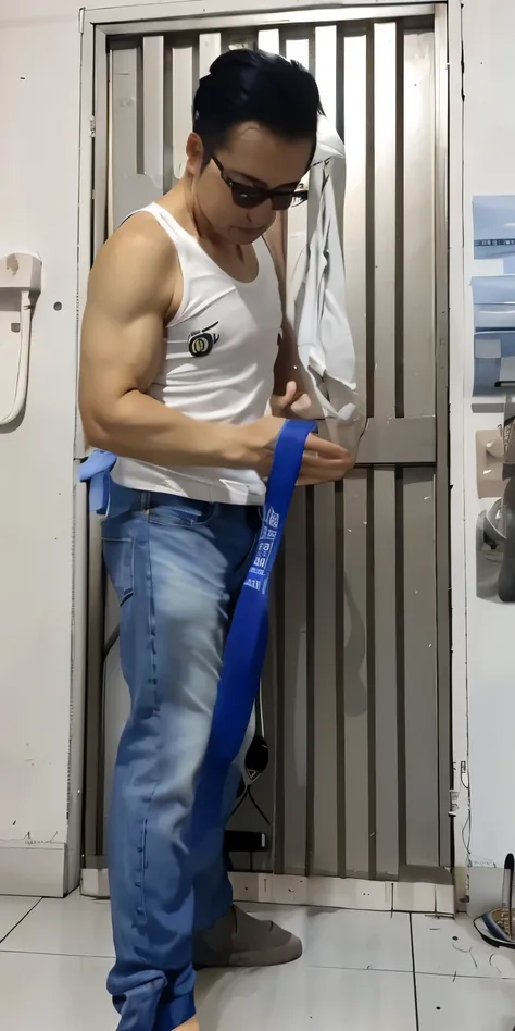 there is a woman，Wearing a vest and standing in front of the door, Pulling the rubber band，Height 165 cm, The shoulders can be seen, （muscular!!）, 40 year old man, High quality upload, Wearing blue ripped jeans and chest clothes,