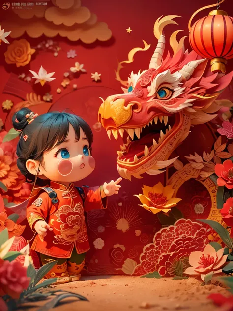 (sandbox:1.4), cinematic angle, (1 cute child waving chinese dragon shaped lantern, chinese spring festival, festive, red backgr...