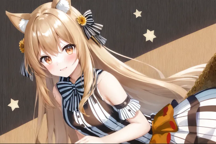 ((best quality)), ((masterpiece)), striped, 1girl, solo, vertical_stripes, animal_ears, rating:safe, brown_eyes, smile, dress, diagonal_stripes, long_hair, striped_background, brown_hair, blush, white_dress, vertical-striped_dress, cat_ears, looking_at_vie...