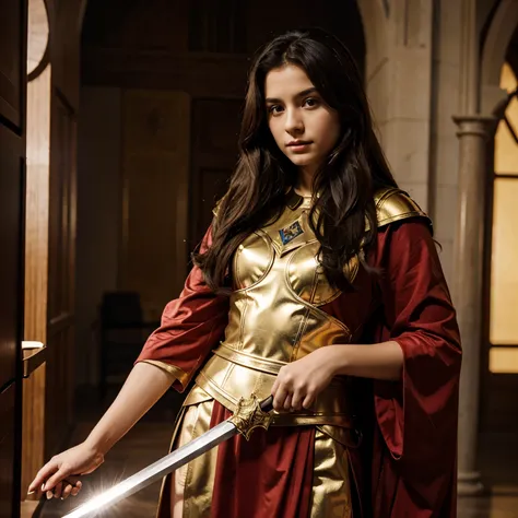 Young princess holding sword, wearing golden armor with red robe, 