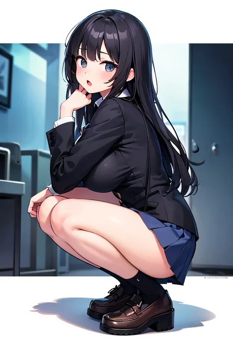 1 girl, game CG,((high school girl、uniform、skirt)),((big breasts)), black hair, long hair, straight hair,  black eyes, ((open your mouth,)), white background,((squat、face forward、from head to foot))