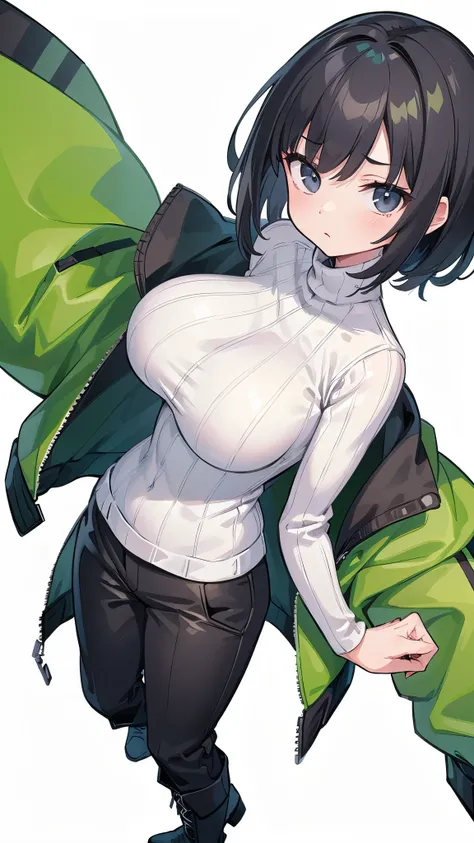 1 girl, ((Green flight jacket、White turtleneck sweater、black pants、boots)), huge breasts, black hair, short hair, straight hair, black eyes ,((white background)), ((whole body,Expressionless))、((facing forward、Standing picture)),((Virtual YouTuber))