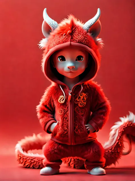 3d rendering, realistic fur, red wallpaper, Simple modern style, beautiful wallpaper, A very slender and playful red-orange baby dragon， eyes on the audience：0.85, Looking at the camera cutely with his head tilted, wearing a hoodie, letter embroidered hood...