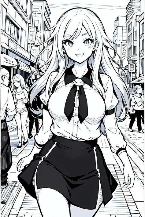 coloring pages for adults, pretty girl, smile, bust shot close-up, walk down the street, in the style of anime/manga, rounded li...