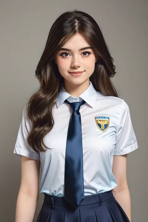 25years old beautiful-looking girl little smile, class uniform college style suit ,(( one standing celeste verona looking at cam...