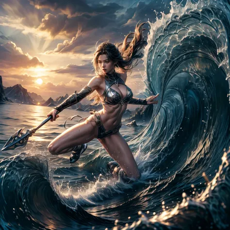 Best quality,masterpiece,ultra high res,,yushuishu,1girl,solo,black hair,water,big waves,lips,full body,、(Armed with a long and large spear)、.,The normal hand.,