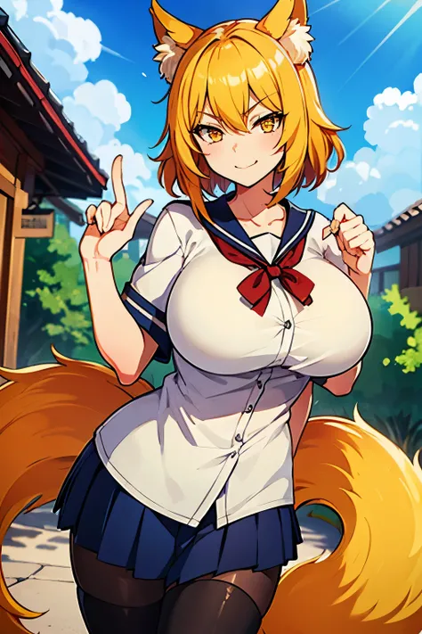 Kitsune, golden hair, golden tail, big breasts, golden eyes, sly face, school uniform