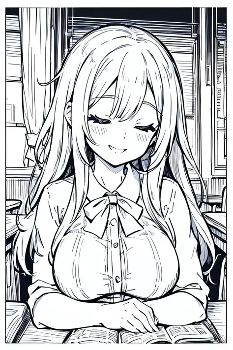 coloring pages for adults, pretty girl, smile, bust shot close-up, sleep in the classroom, in the style of anime/manga, rounded ...