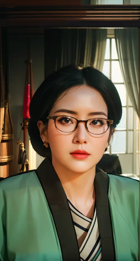 Real life adaption of this character, adult woman,wear realistic same kimono outfit, realistic same hair, realistic same glasses,  realistic same background,realism, hyper realistic, realistic light, realistic shadow,(photorealistic 1:2)