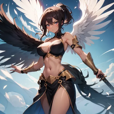 fantasy, 1angel_girl, teen, brown_hair, ponytail_hair, (dark_skin:1.1), bare_shoulder, navel, thigh,silver_shiny_armor, white_clothes,waist_armor, glebe, hold_swords, big_tits, angry, dynamic_fighting_pose, floating, (1pair_white_wings:1.2), sunrise_city_b...