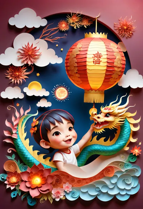 (sandbox:1.4), movie angle, (1个可爱的孩子挥舞着中国龙形状的lantern, chinese new year, festive, red background, cloud, flowers, fireworks, fire...