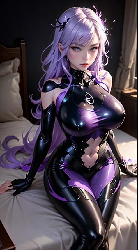 beautiful woman，Man，Define the body in detail ，purple套装，Venom Symbiote，plump figure，Beautifully的面孔，Slender legs, chest and waist，heart shaped pupils, charming pink eyes, light blush，Sweaty，wet, Stereoscopic view, standing pictures, atmospheric perspective,...