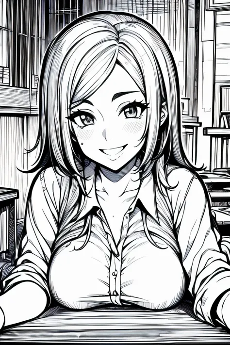 coloring pages for adults, pretty girl, smile, bust shot close-up, studying in the classroom, in the style of anime/manga, round...