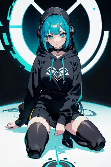 masterpiece, intricate details,highest quality, chromatic aberration, 1 girl, alone, skirt, short hair, Thighhighs, thigh boots, shirt, hoodie, boots, black skirt, kneel down, hoodie, headset, aqua eye, skirt, aqua hair, whole body, かわいい hoodie, simple bac...