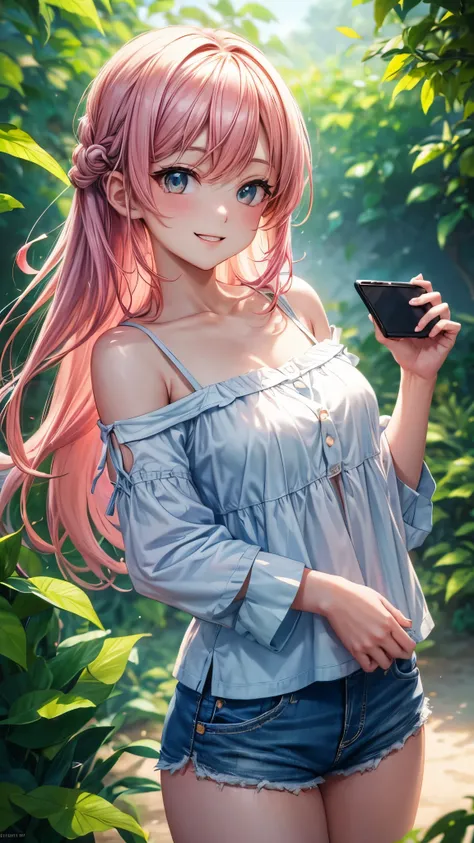 (highres,masterpiece:1.2),detailed,1_girl waifu, playing handheld,wearing offtheshoulder shirt,mini shorts,portraits,anime style,vibrant colors,pastel color palette,warm lighting,blurred background,greenery in the background,breezy atmosphere,relaxed expre...