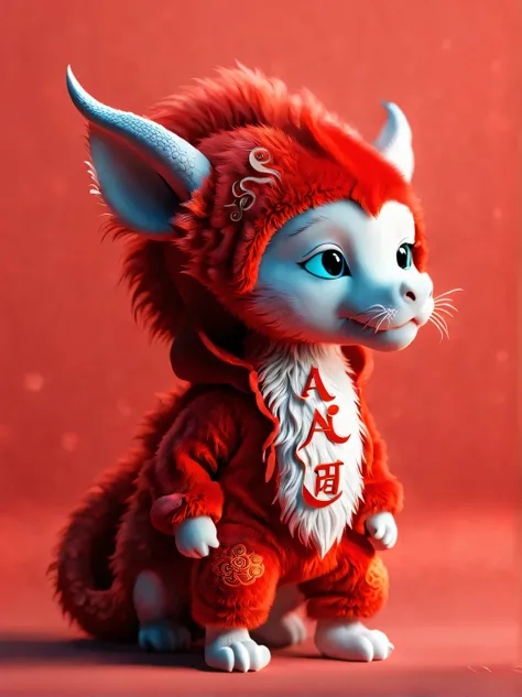 3d rendering, realistic fur, red wallpaper, Simple modern style, beautiful wallpaper, A very slender and playful red-orange baby dragon， eyes on the audience：0.85, Looking at the camera cutely with his head tilted, wearing a hoodie, letter embroidered hood...