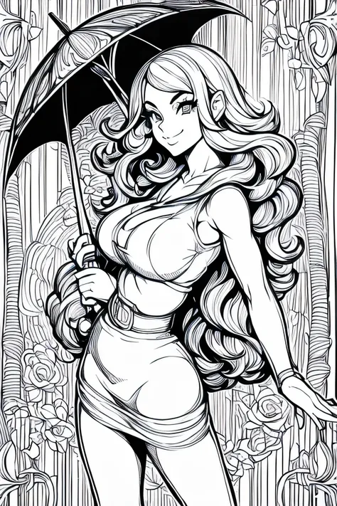 coloring pages for adults, pretty girl, smile with an umbrella, bust shot close-up, retro comic style, wave lines, low detail, d...