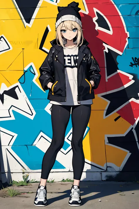 (masterpiece:1.2, best quality), (graffiti wall:1.15), 1lady, beanie, jacket, Leggings, blue eyes, fullbody,