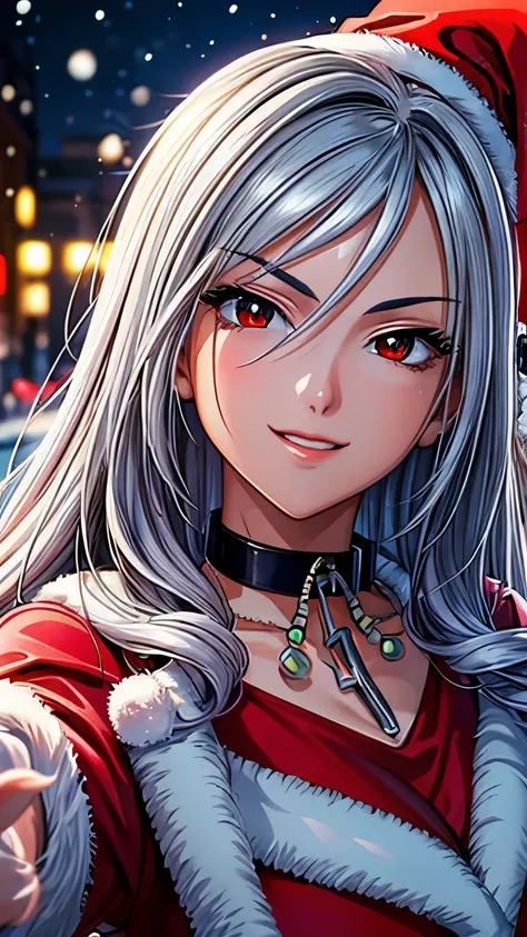 The best piece, Artistically beautiful, Bright Silver Hair, Letting down your bangs, red eyes with slit pupils, santa costume, Santas Hat, christmas armor, Santa Clauss coat, Use blizzard magic, Photorealsitic, An ultra-high picture quality, hightquality,​...