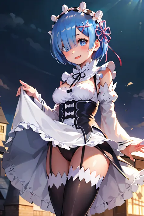 blue hair, rem (re:zero), [smile], blush, castle,, masterpiece, best quality, perfect lighting, 1girl, upskirt, medium breasts,