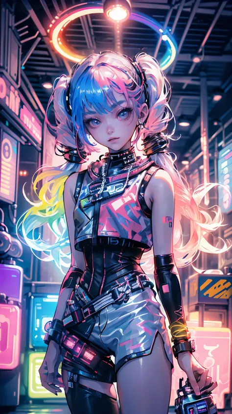 hair bobbles, wince, long eyelashes, solid circle eyes, light smile, ear blush, fang, (((rainbow hair))), makeup, blush, sad, sad smile, drop shadow, anaglyph, atmospheric perspective, 8k, super detail, accurate, best quality, (cyberpunk), bright lighting,...