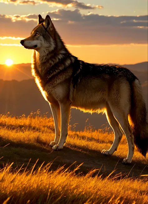 a wolf stands in a golden field at sunset, looking off into the distance.