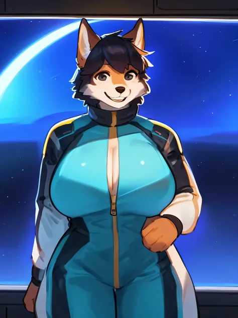 By bebebebebe, by lostgoose, by goonie-san, solo, female, canine, husky, short, standing, standing, (hair), big breasts, anime spacesuit, advanced spacesuit, detailed spacesuit, colorful spacesuit, turtleneck, cleavage spaceship, space, window, smiling, ha...