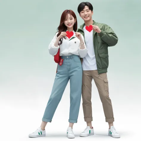 realistic, full body, a korean woman are standing, a korean man standing behind a koreani woman, man wearing green jacket and white shoe sneaker, holding up red hearts with smiles on their faces. The woman is wearing a white shirt, while the man has his ar...