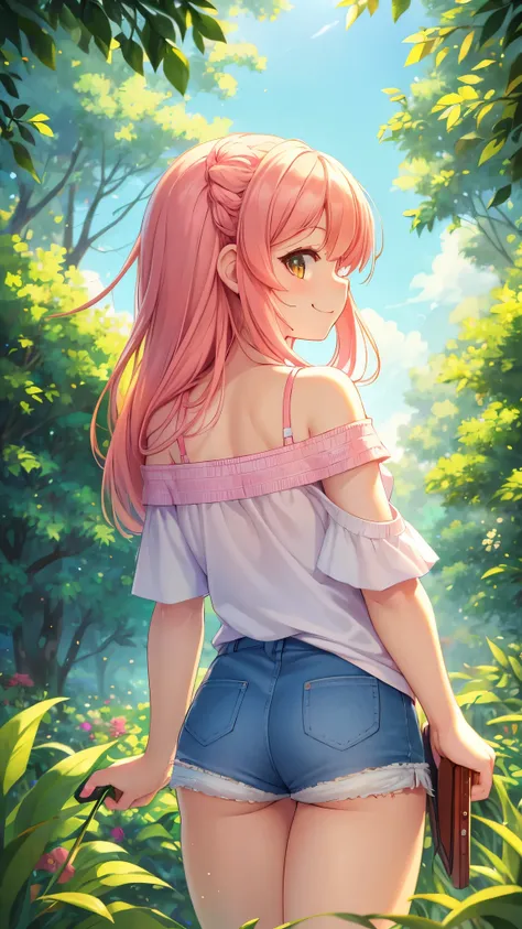 (highres,masterpiece:1.2),detailed,1_girl waifu, playing handheld,wearing offtheshoulder shirt,mini shorts,portraits,anime style,vibrant colors,pastel color palette,warm lighting,blurred background,greenery in the background,breezy atmosphere,relaxed expre...