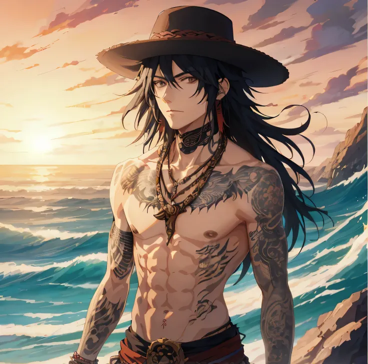 anime guy with tattoos and a hat standing on the beach, Anime Tribal Boy com cabelo longo, pasta de anime 8k, anime homem bonito, handsome guy in demon slayer art, personagem de anime masculino, arte detalhada de personagem de anime, inspirado em Okumura M...