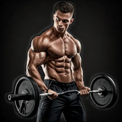 a man with a barbell in his hand and a black background, exaggerated muscular physique, slender and muscle building, Outgoing muscles, uso de esteroides, forte e musculoso, corpo forte, muscle building, exaggerated physique, tipo de corpo musculoso, muscle...