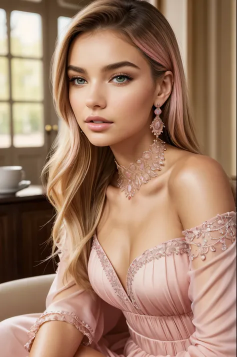 (best quality,4k,highres,masterpiece:1.2),ultra-detailed,(realistic,photo-realistic:1.37), woman with long blonde hair and honey-colored eyes, sitting on the armchair, entire body view, wearing a pink gown (aucking dick in a modern café at sunset),stunning...