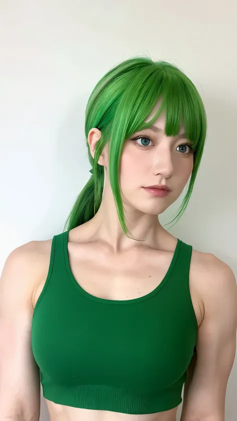 wearing black tanktop。With green hair、Her bangs are trimmed above her eyebrows and she has a long ponytail at the back.。The corners of the eyes are turned upwards and the pupils are small.、narrow eyes、long face。Wide shoulders、A woman with muscular deltoid ...