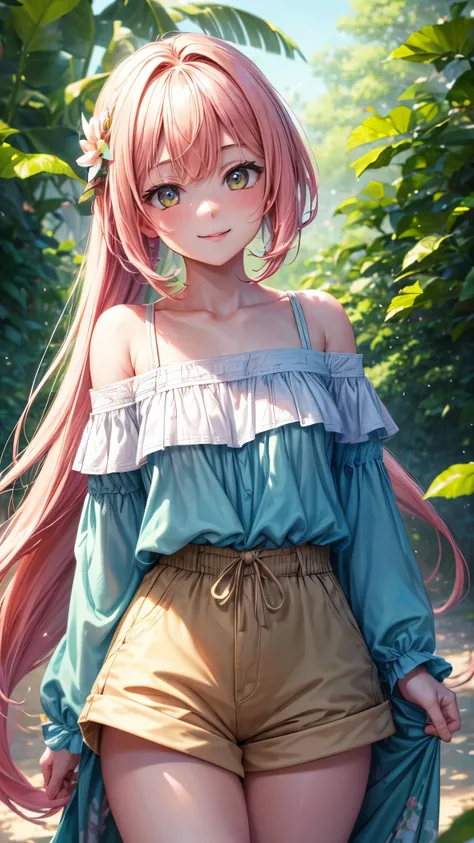 (highres,masterpiece:1.2),detailed,1_girl waifu, playing handheld,wearing offtheshoulder shirt,mini shorts,portraits,anime style,vibrant colors,pastel color palette,warm lighting,blurred background,greenery in the background,breezy atmosphere,relaxed expre...