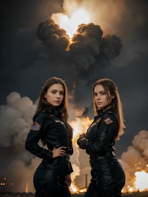 Two military women dressed in black military suits posing for a photograph in front of an explosion., una es muy rubia con rasgos eslavos y ojos azules, una tiene cabello oscuro con ojos marrones y rasgos latinos, foto de medio plano, 2 chicas, ojos perfec...