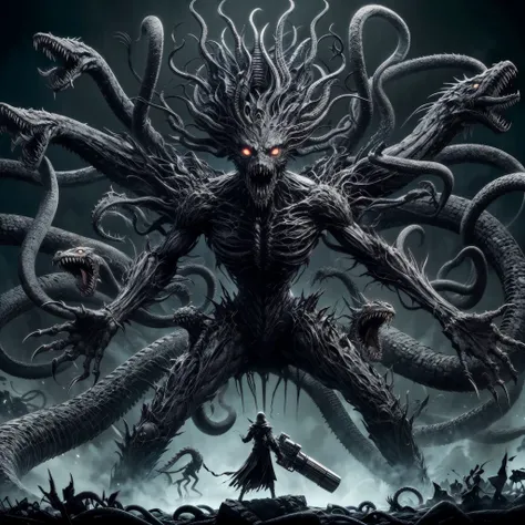 dark soul boss, elden ring style, hp.lovecraft,a terrific creature, an eldritch abomination, lots of long thick tentacles, count...